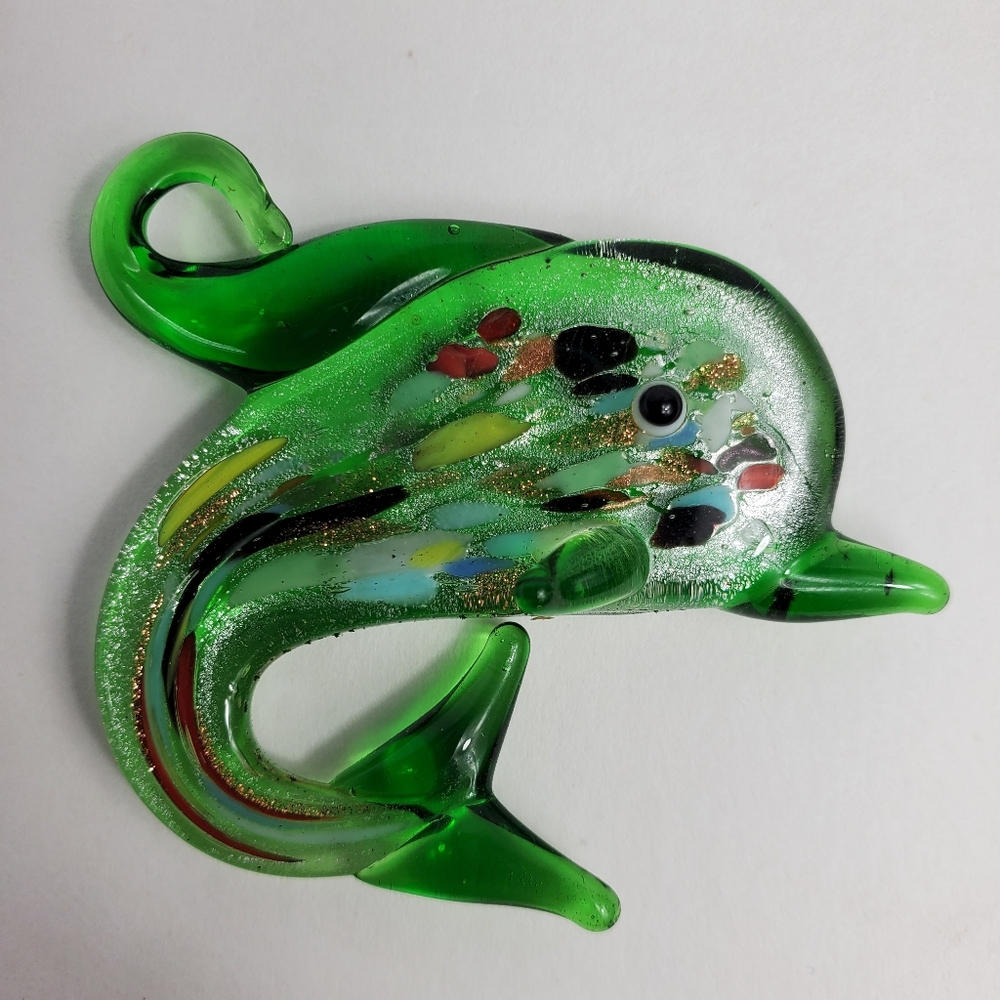 Green Dolphin Glass Pendant Necklace Abstract Art to Wear Sea Life Ocean Life